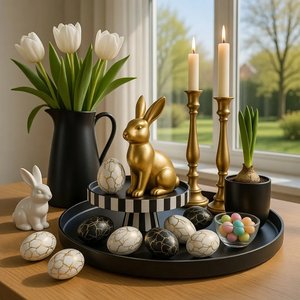 Black and White Tray with Gold Accents for Easter tray decoration ideas