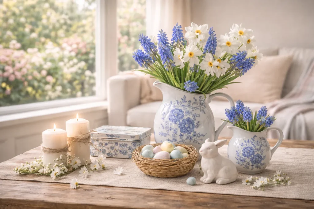 Blue & White Spring Floral Decor with Easter Touch