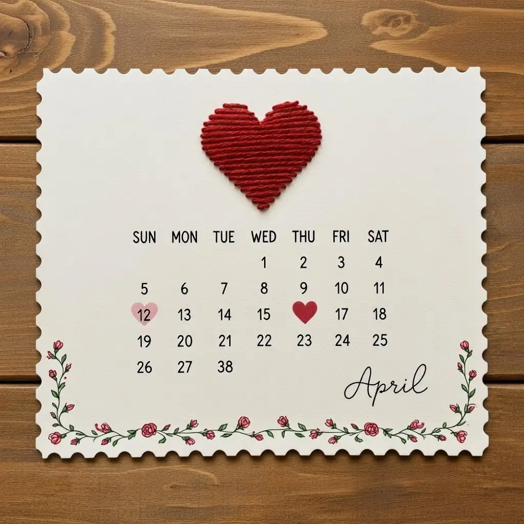 Calendar Page with Embroidered Heart DIY Valentine's Day Card