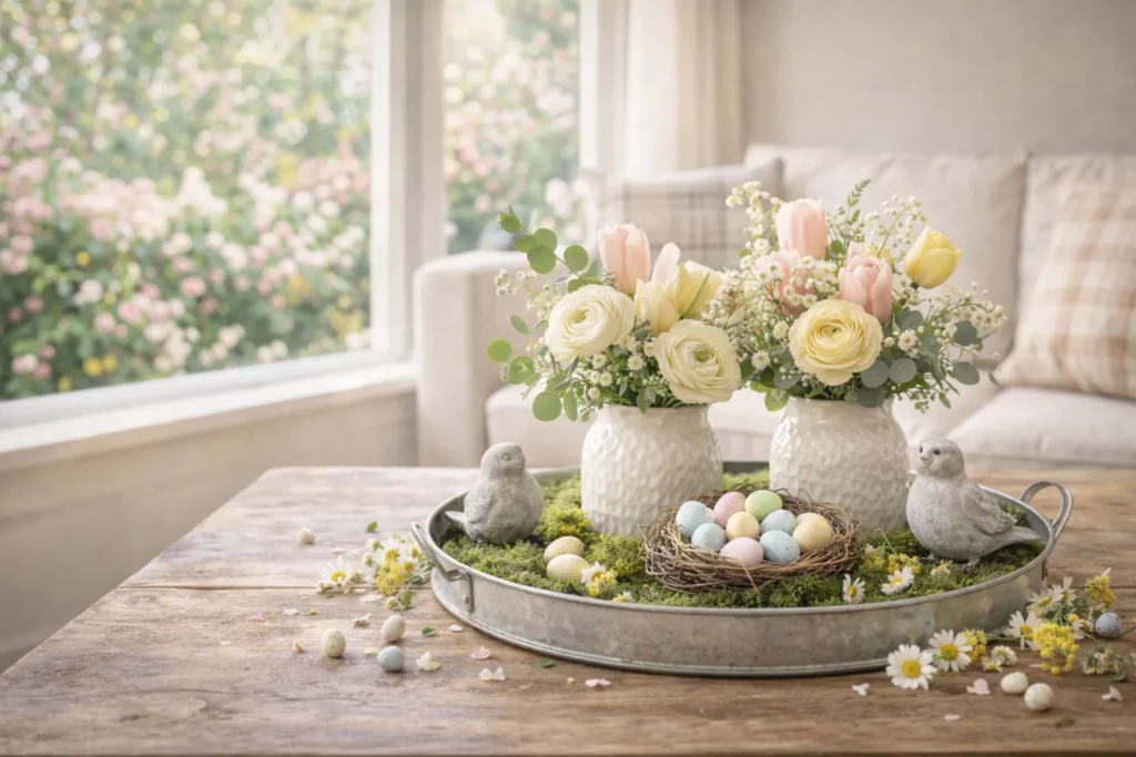 Charming Easter Tray Decor with Tulips & Birds