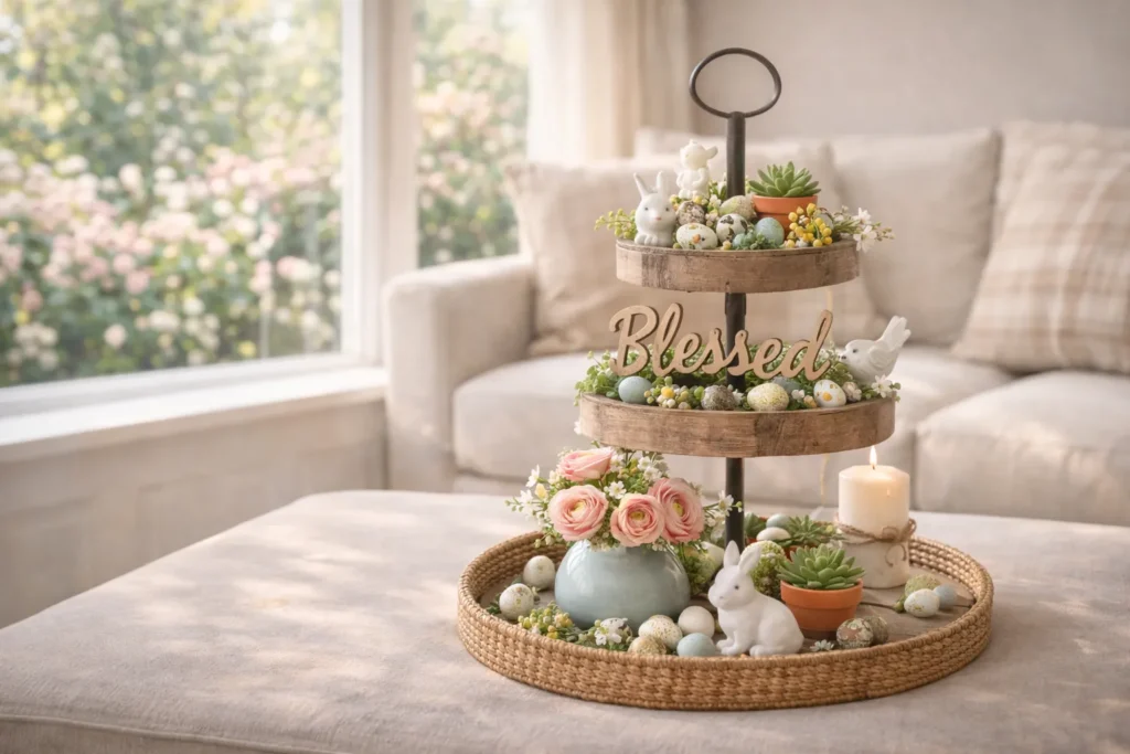 Charming Tiered Tray Easter Decor with Bunnies