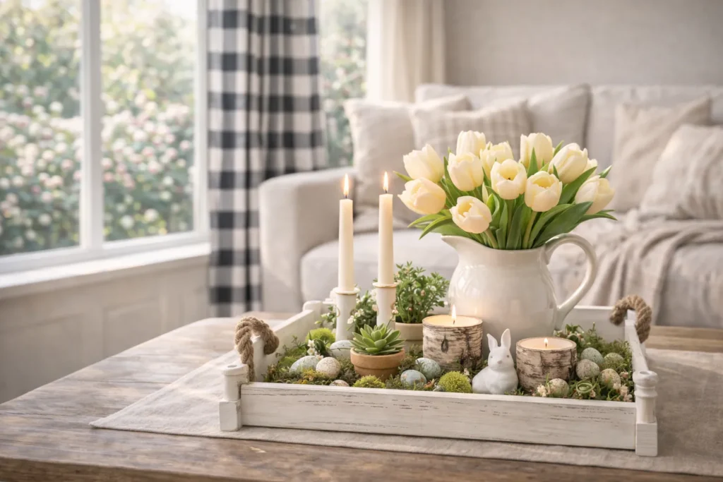 Cozy Farmhouse Easter Tray Decor with Tulips