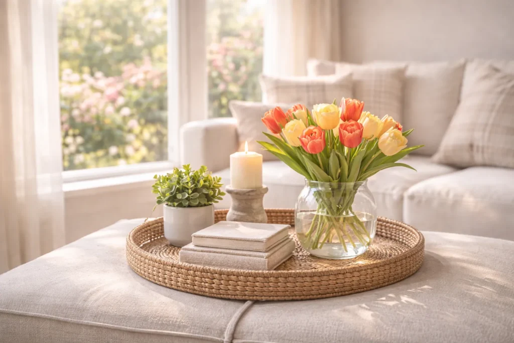 Cozy Spring Coffee Table Decor with Tulips