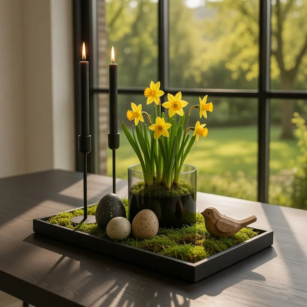  Modern Black Tray with Sunny Daffodils and Stone Eggs