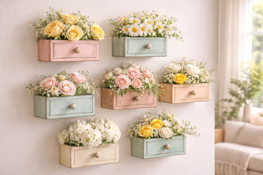Repurposed Drawers as Wall Shelves for Flowers