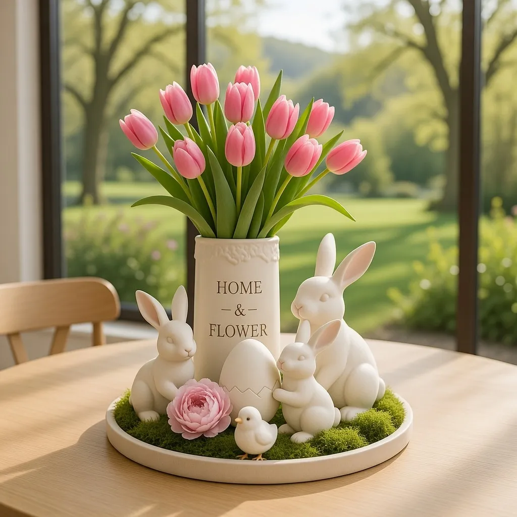 Romantic Moss Tray with Blush Tulips and Ceramic Bunnies