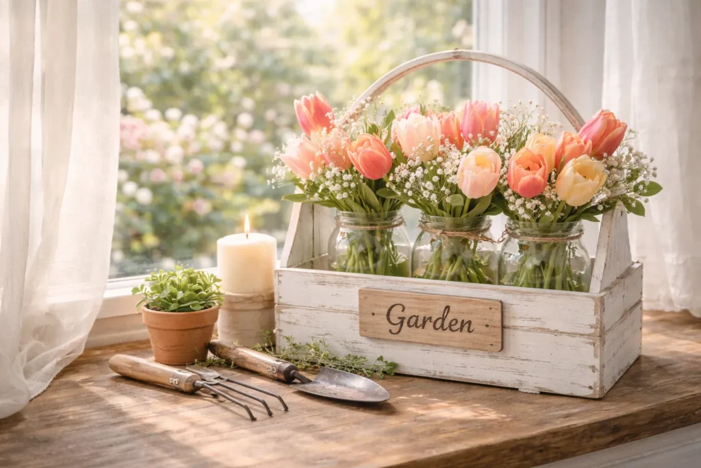 Rustic Spring Window Decor with Tulips & Charm