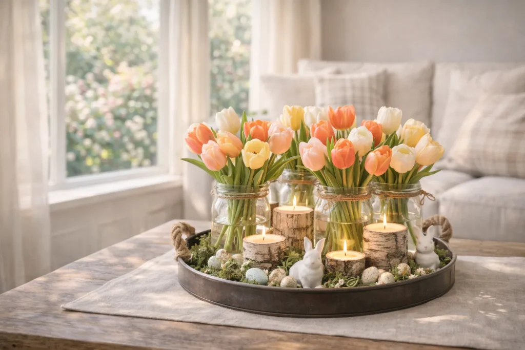 Rustic Tulip & Candle Spring Centerpiece Ideas