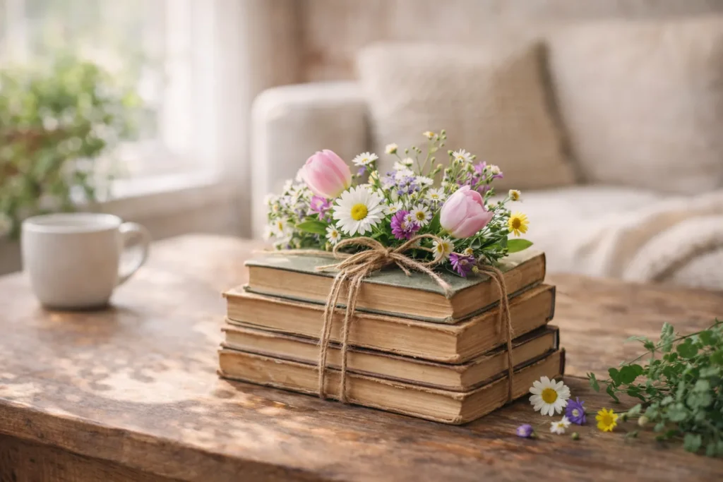 Vintage Book Stack with Fresh Blooms