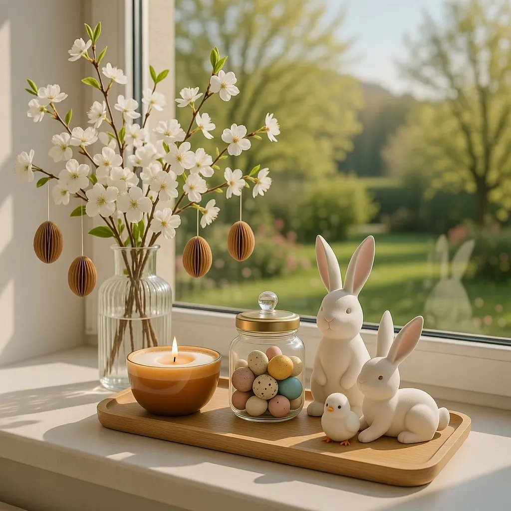 Warm Earth-Tone Tray with Flowering Branches and Quail Eggs
