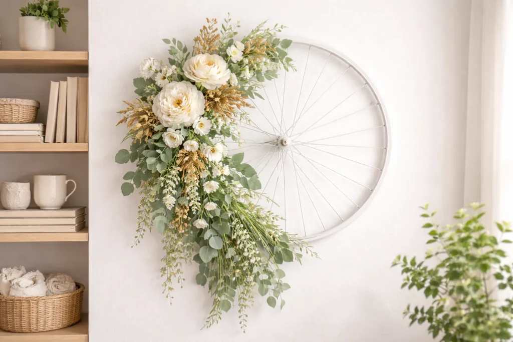 Wheel Spokes as a Floral Decorative Wreath | A Rustic DIY Decoration Ideas for Spring and Summer